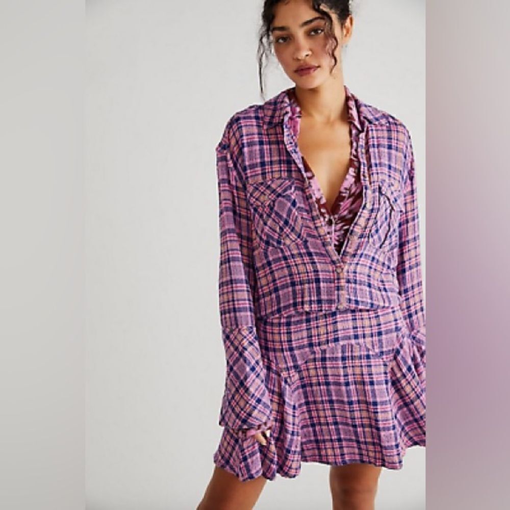 NEW FREE PEOPLE PINK MILO PLAID BUTTON FRONT MINI DRESS SIZE L
